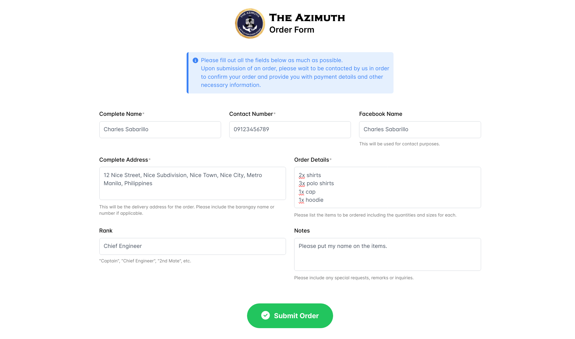 Azimuth Order Form Screenshot
